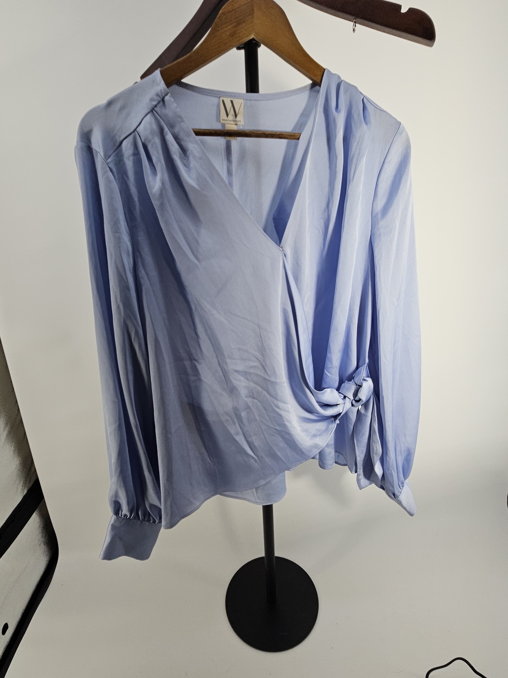 Worthington Light Blue Satin Lined Long Sleeve Wrap Top Blouse
